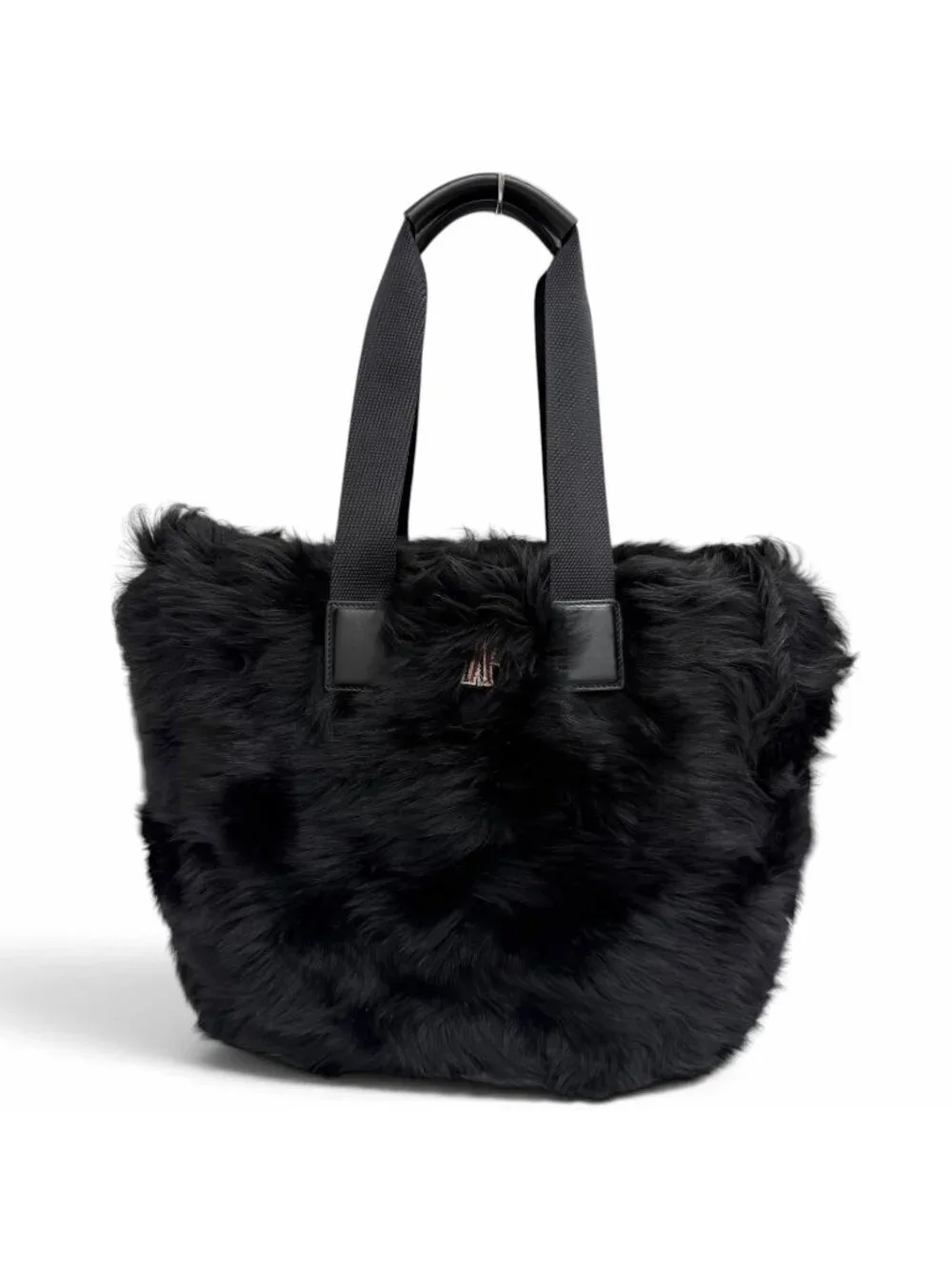 Moncler Caradoc Logo Patch Eco Fur Leather Tote Black